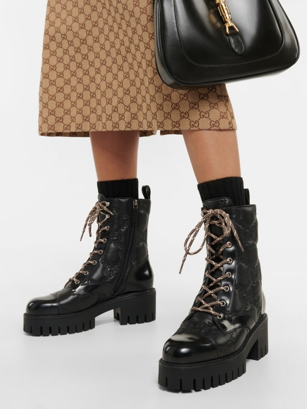 Gucci Black GG Quilted Leather Lug-Sole Lace-Up Boots